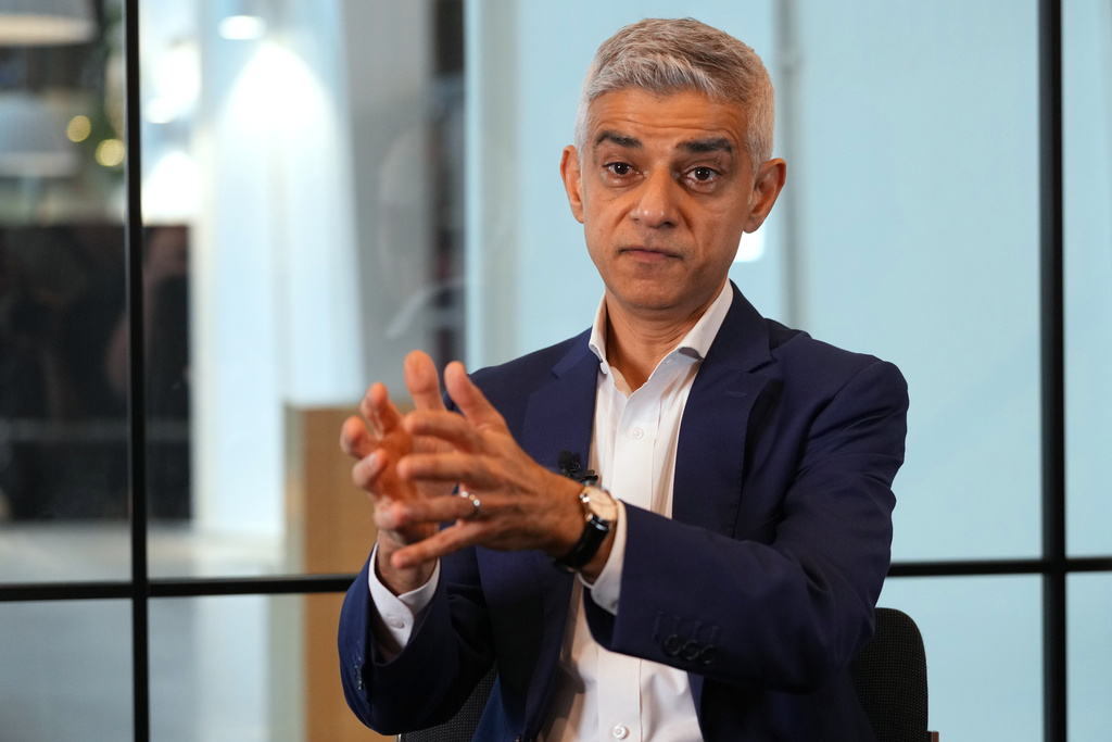 Mayor of London Sadiq Khan speaks during an interview in London, Monday, Jan. 12, 2026. (AP Photo/Kirsty Wigglesworth)