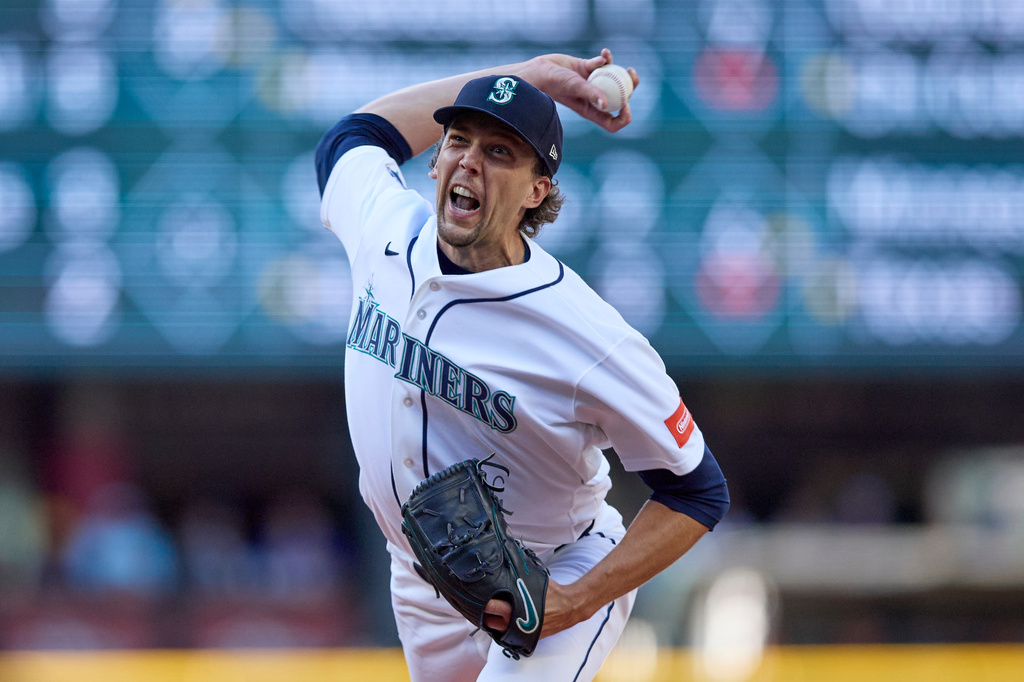 Seattle Mariners starting pitcher Logan Gilbert throws against the Baltimore Orioles during the first inning in a baseball game, Tuesday, June 16, 2026, in Seattle. (AP Photo/John Froschauer)
