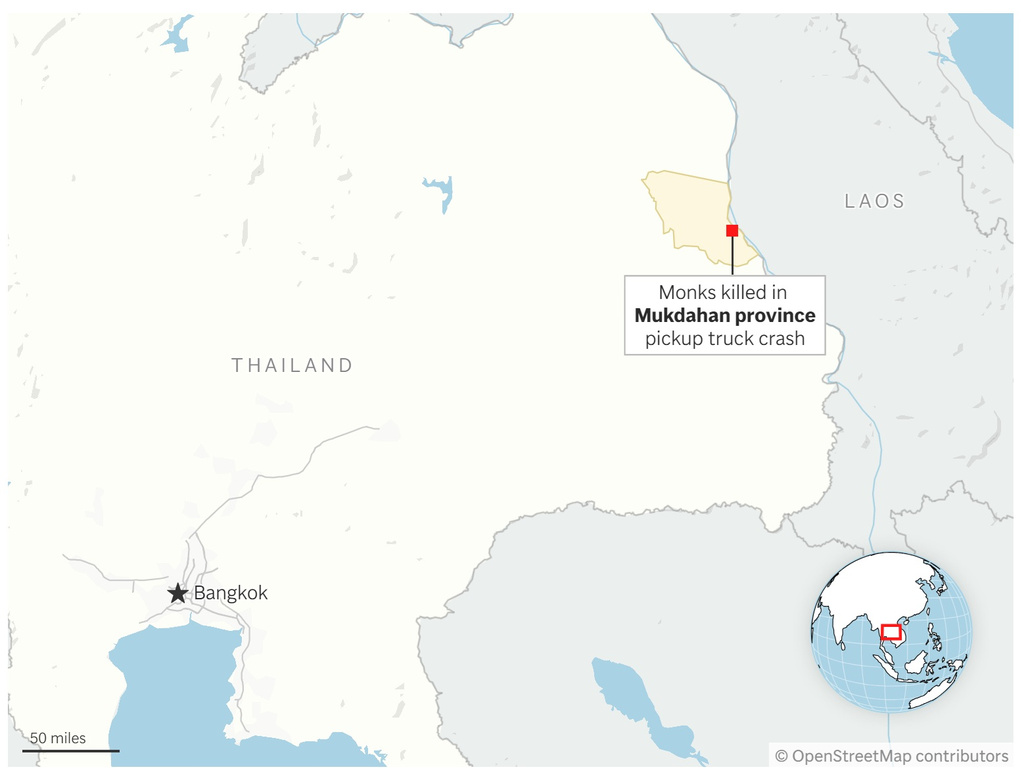 Map showing where monks on pilgrimage were killed in a pickup truck crash in Mukdahan province. (AP Digital Embed)