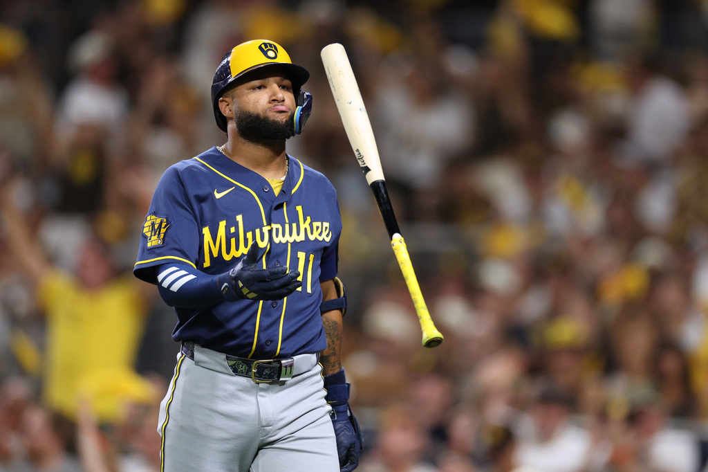 Milwaukee Brewers' Jackson Chourio reacts after striking out during the seventh inning in Game 3 of baseball's National League Division Series against the San Diego Padres Tuesday, Oct. 6, 2026, in San Diego. (AP Photo/Derrick Tuskan)