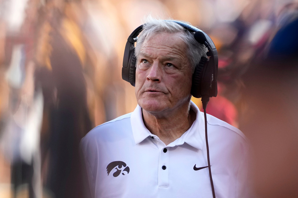 Iowa head coach Kirk Ferentz watches from the sideline during the second half of an NCAA college football game against Indiana, Saturday, Sept. 27, 2025, in Iowa City, Iowa. (AP Photo/Charlie Neibergall)