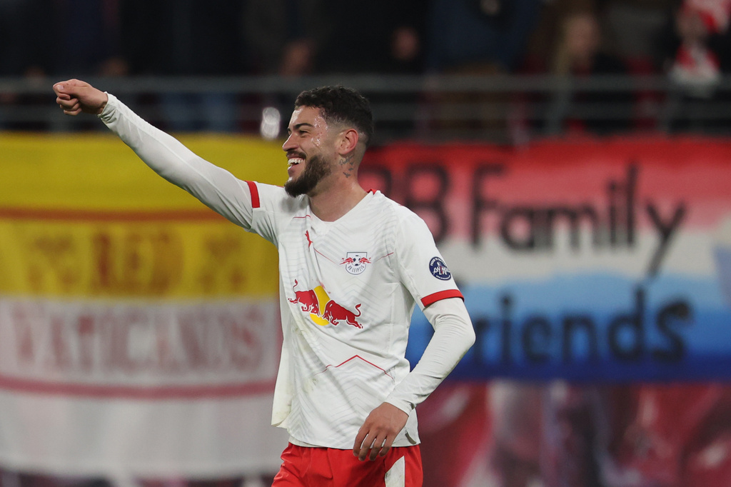 RB Leipzig's Romulo celebrates scoring a goal during a Bundesliga soccer match between RB Leipzig and 1. FC Union Berlin, Friday, April 24, 2026, in Leipzig, Germany. (Jan Woitas/dpa via AP)