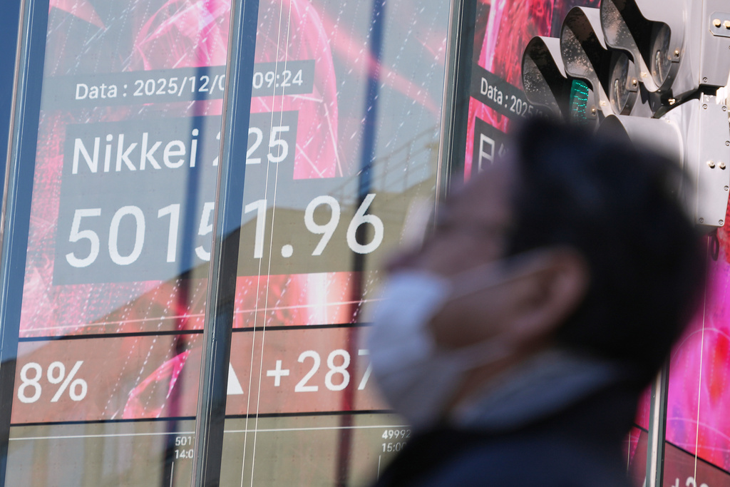 A person walks in front of an electronic stock board showing Japan's Nikkei index at a securities firm Thursday, Dec. 4, 2025, in Tokyo. (AP Photo/Eugene Hoshiko)
