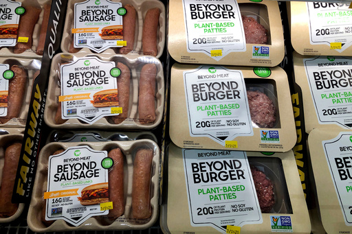 FILE - Packages of Beyond Meat's Beyond Burgers and Beyond Sausage, are shown in this photo, in New York, April 29, 2021. (AP Photo/Richard Drew, File) FILE - Packages of Beyond Meat's Beyond Burgers and Beyond Sausage, are shown in this photo, in New York, April 29, 2021. (AP Photo/Richard Drew, File)