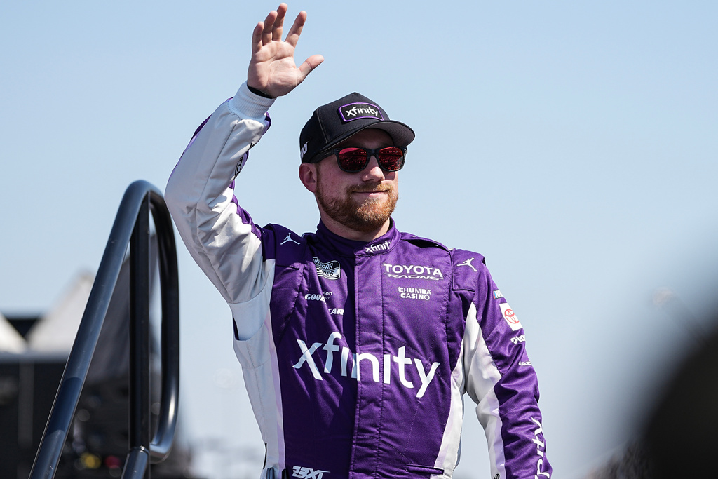 Tyler Reddick is introduced to fans prior to a NASCAR Cup Series auto race, Sunday, March 22, 2026, in Darlington, S.C.(AP Photo/Matt Kelley)