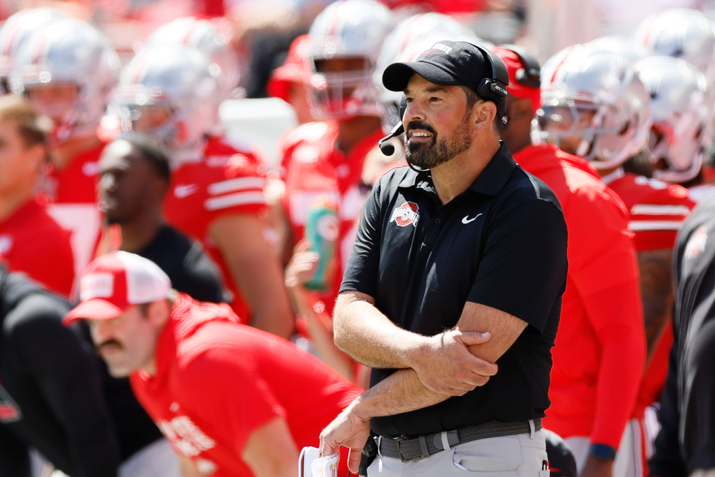 Ohio State head coach Ryan Day watches his team during an NCAA college football game against Texas , Saturday, Aug. 30, 2025, in Columbus, Ohio. (AP Photo/Jay LaPrete)