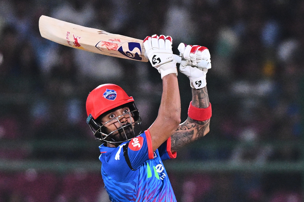 Delhi Capitals' KL Rahul plays a shot during the Indian Premier League cricket match between Delhi Capitals and Rajasthan Royals in Jaipur, India, Friday,May, 1, 2026. (AP Photo)