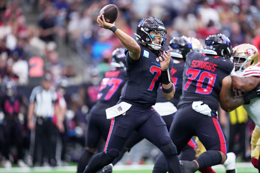 Houston Texans quarterback C.J. Stroud throws during the second half of an NFL football game against the San Francisco 49ers Sunday, Oct. 26, 2025, in Houston. (AP Photo/Eric Gay) Houston Texans quarterback C.J. Stroud throws during the second half of an NFL football game against the San Francisco 49ers Sunday, Oct. 26, 2025, in Houston. (AP Photo/Eric Gay)