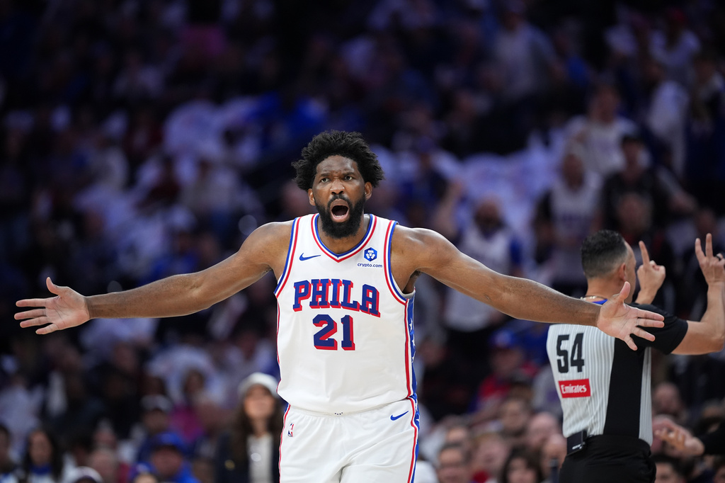 Philadelphia 76ers' Joel Embiid reacts after a foul call during the first half of Game 3 in a second-round NBA basketball playoff series against the New York Knicks Friday, May 8, 2026, in Philadelphia. (AP Photo/Matt Slocum)