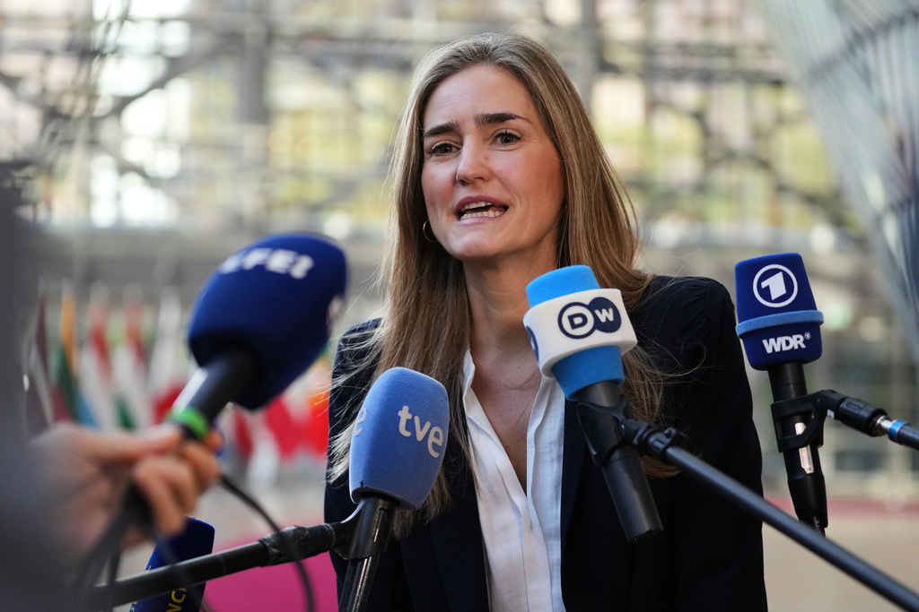 Spain's Environment Minister Sara Aagesen speaks with the media as she arrives for a meeting of EU Environment ministers at the European Council building in Brussels, Belgium, Tuesday, Nov. 4, 2025. (AP Photo/Virginia Mayo)