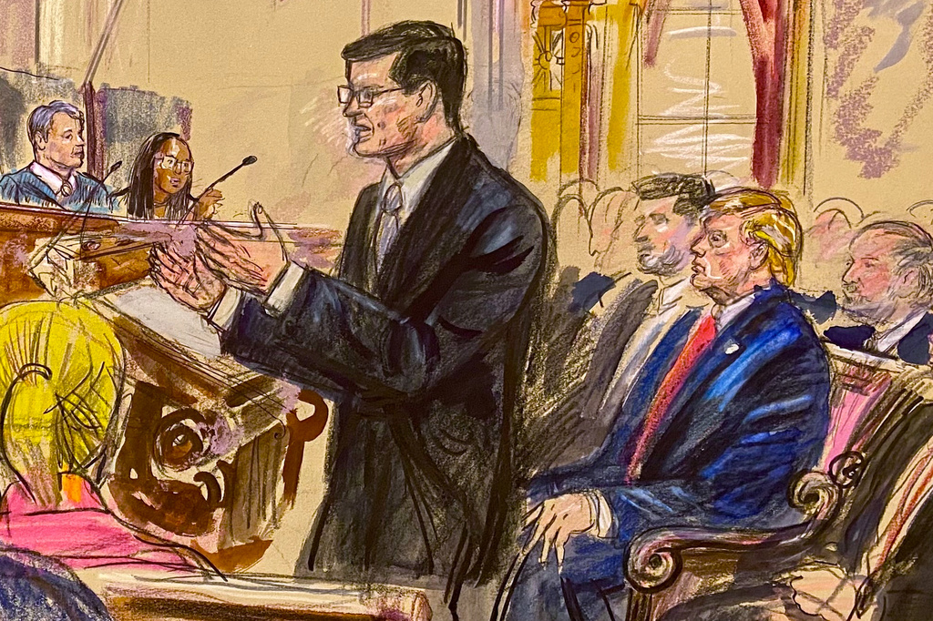 This courtroom sketch depicts the Republican administration's top Supreme Court lawyer, Solicitor General D. John Sauer, standing center, make arguments before the U.S. Supreme Court, Wednesday, April 1, 2026, in Washington. President Donald Trump is seated right. (Dana Verkouteren via AP)