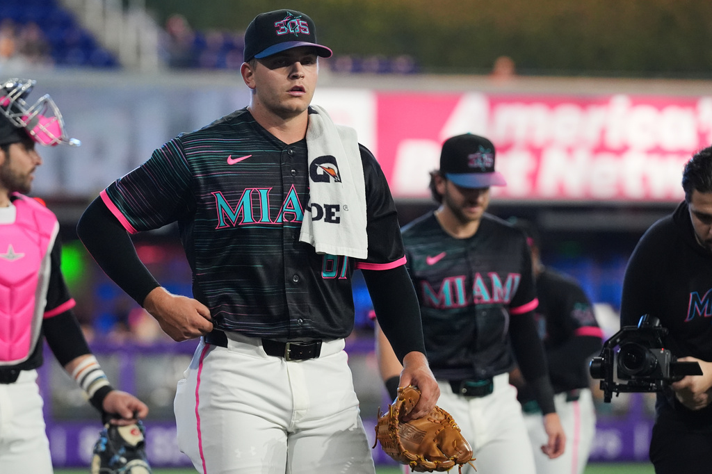 Miami Marlins starting pitcher Robby Snelling walks to the dugout before a baseball game against the Washington Nationals, Friday, May 8, 2026, in Miami. (AP Photo/Lynne Sladky)