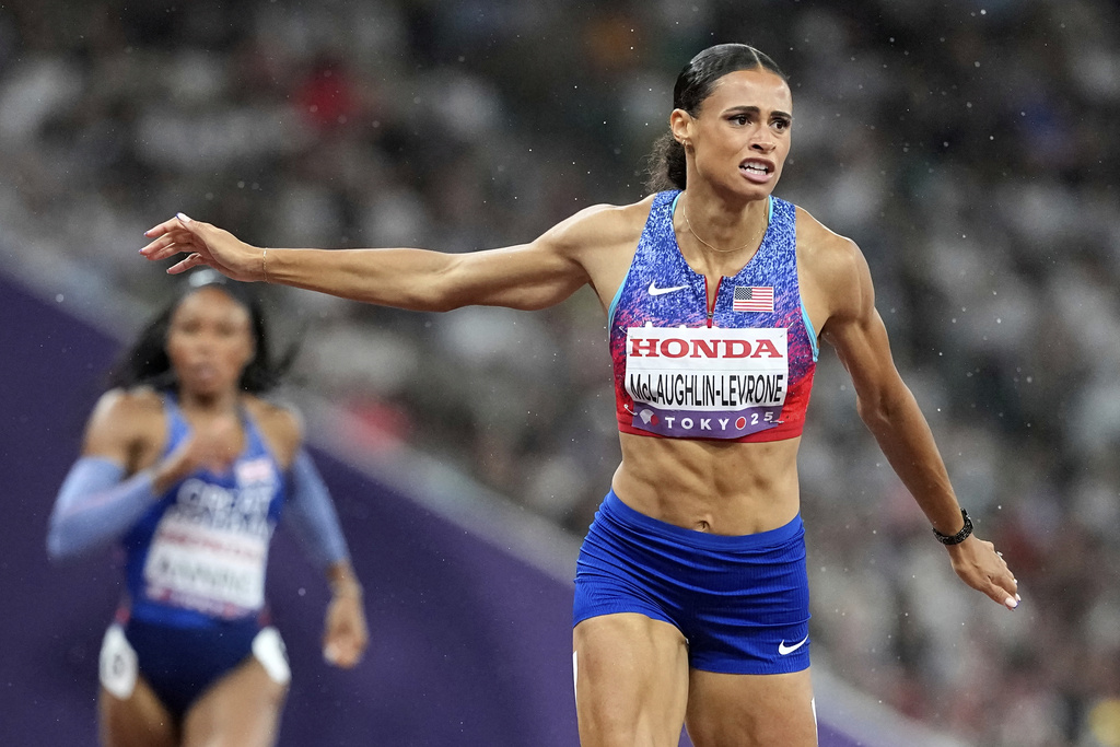 United States' Sydney McLaughlin-Levrone wins the gold medal in the women's 400 meters final at the World Athletics Championships in Tokyo, Thursday, Sept. 18, 2025. (AP Photo/Petr David Josek)