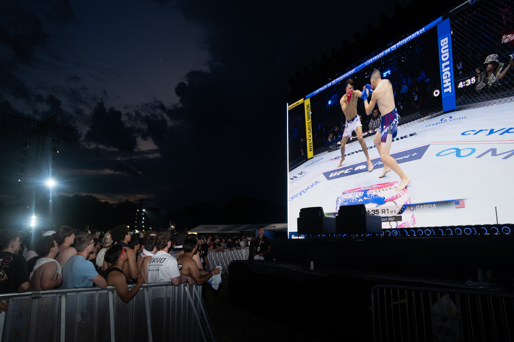 Attendees watch the first match at the UFC Fan Fest on the White House Ellipse ahead of the fights on the South Lawn, Sunday, June 14, 2026, in Washington. (AP Photo/Allison Robbert)