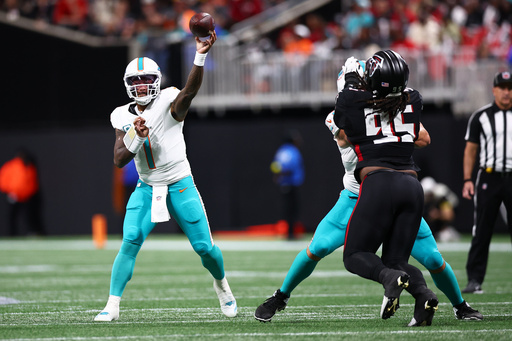 Miami Dolphins quarterback Tua Tagovailoa (1) throws during the first half of an NFL football game against the Atlanta Falcons, Sunday, Oct. 26, 2025, in Atlanta. (AP Photo/Colin Hubbard) Miami Dolphins quarterback Tua Tagovailoa (1) throws during the first half of an NFL football game against the Atlanta Falcons, Sunday, Oct. 26, 2025, in Atlanta. (AP Photo/Colin Hubbard)