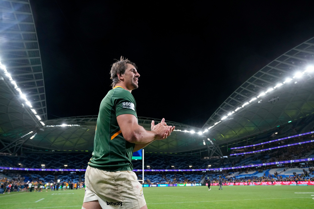 FILE - South Africa's Eben Etzebeth celebrates his team's victory over Australia in their Championship Rugby test match in Sydney on Sept. 3, 2022. (AP Photo/Rick Rycroft, File)