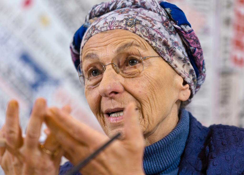 FILE -Emma Bonino, leader of the ' +Europa ' (More Europe) party, speaks ahead of the March 4 Italian political elections during a press conference at the Foreign Press Club in Rome, Friday, Feb. 16, 2018. (AP Photo/Domenico Stinellis, File)