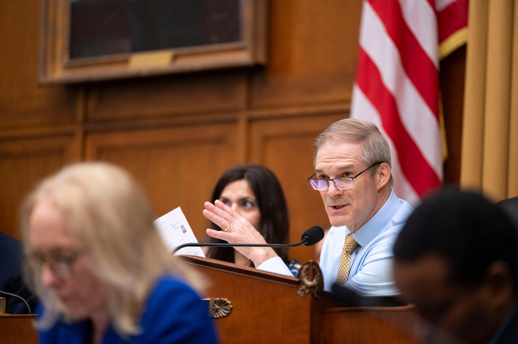 Chairman Jim Jordan, R-Ohio, questions Homeland Security Secretary Kristi Noem during a House Judiciary Committee hearing on the oversight of the Department of Homeland Security, Wednesday, March 4, 2026 in Washington. (AP Photo/Kevin Wolf)