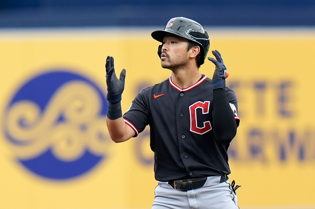 Cleveland Guardians' Steven Kwan celebrates after hitting a double off Tampa Bay Rays pitcher Drew Rasmussen during the first inning of a baseball game Sunday, July 26, 2026, in St. Petersburg, Fla. (AP Photo/Chris O'Meara)