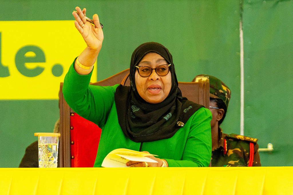 Tanzanian President Samia Suluhu Hassan gestures during a campaign rally ahead of the general elections in Iringa, Tanzania, Tuesday, Oct. 7, 2025. (AP Photo)