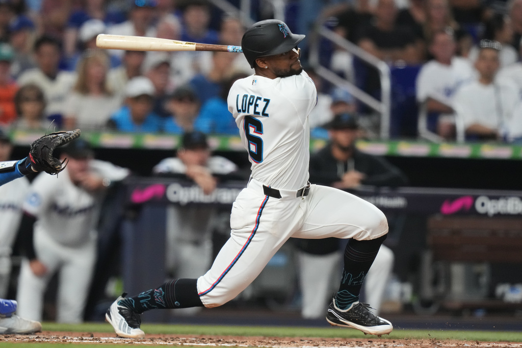 Miami Marlins' Otto Lopez (6) follows through on a RBI single to score Heriberto Hernández during the second inning of a baseball game against the Los Angeles Dodgers, Saturday, Sept. 12, 2026, in Miami. (AP Photo/Lynne Sladky)
