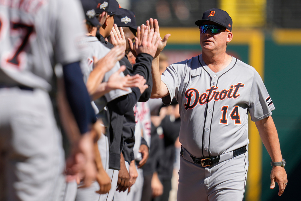 FILE - Detroit Tigers manager A.J. Hinch is introduced before Game 1 against the Cleveland Guardians in the American League Wild Card baseball playoff series in Cleveland, Sept. 30, 2025. (AP Photo/Sue Ogrocki, File)