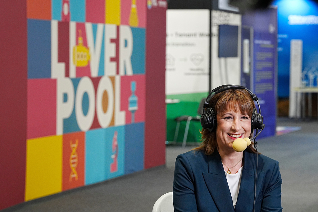 British Chancellor of the Exchequer Rachel Reeves takes part in the early morning news rounds during the Labour Party Conference at the ACC Liverpool, England, Monday Sept. 29, 2025. (Peter Byrne/PA via AP)