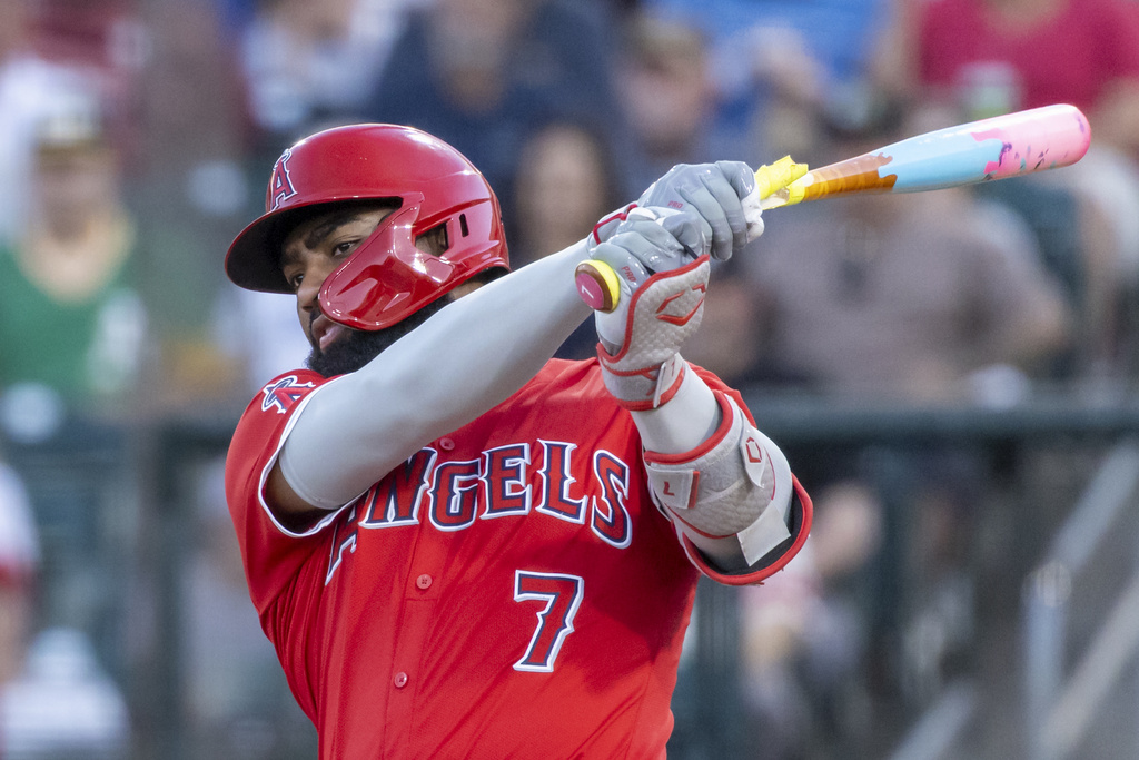 Los Angeles Angels' Jo Adell breaks his bat during the second inning of a baseball game against the Athletics Friday, Aug. 15, 2025, in West Sacramento, Calif. (AP Photo/Sara Nevis)