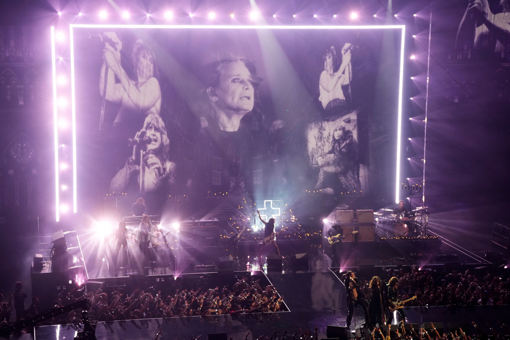 Yungblud, Steven Tyler, and Joe Perry perform a tribute to Ozzy Osbourne during the MTV Video Music Awards at UBS Arena in Elmont, N.Y., Sept. 7, 2025. (Photo by Charles Sykes/Invision/AP File)