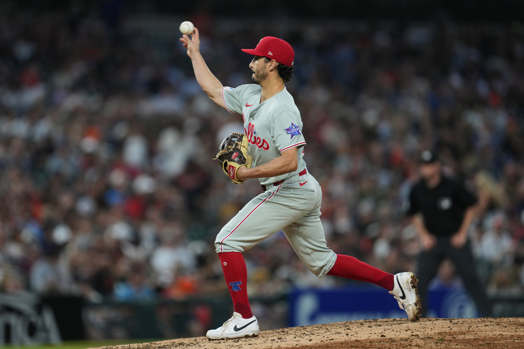 Philadelphia Phillies' Garrett Stubbs pitches against the Detroit Tigers during the eighth inning Friday, July 10, 2026, in Detroit. (AP Photo/Paul Sancya)