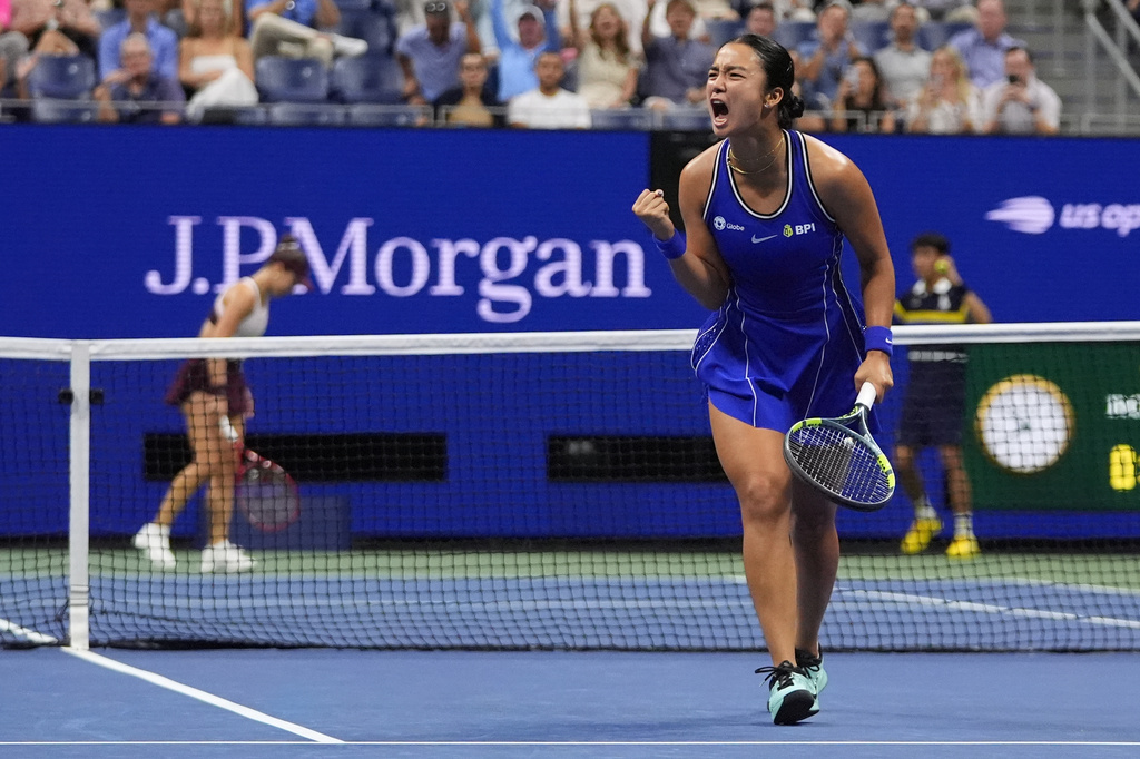 Alexandra Eala, of the Philippines, celebrates after a point against Iva Jovic, of the United States, during the third round of the U.S. Open tennis championships, Saturday, Sept. 5, 2026, in New York. (AP Photo/Frank Franklin II)