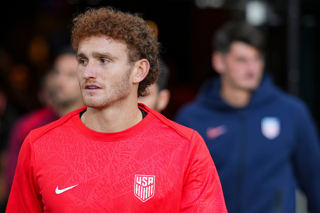 FILE - United States's Josh Sargent looks on prior to a friendly soccer match against Japan, Tuesday, Sept. 9, 2025, in Columbus, Ohio. (AP Photo/Jeff Dean, File)