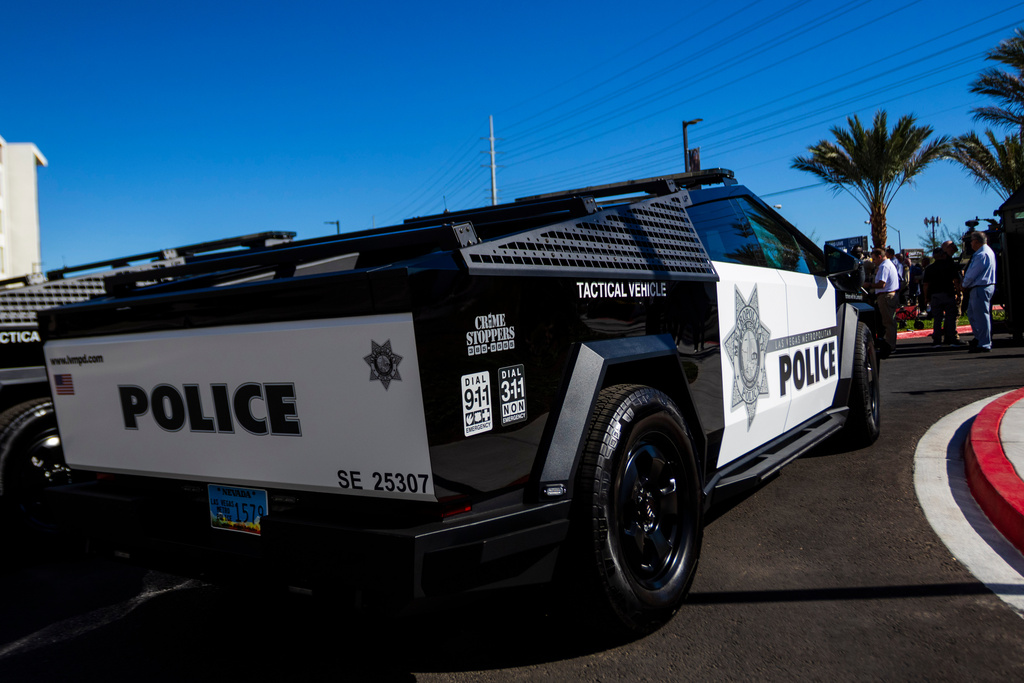 A Tesla Cybertruck owned by the Las Vegas Metro Police department is on display in Las Vegas on Tuesday Oct, 28th 2025. (AP Photo/Ty ONeil)