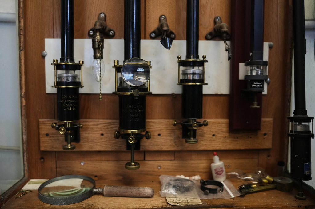 Mercury barometers measure atmospheric pressure at the Blue Hill Observatory and Science Center, Saturday, March 14, 2026, in Milton, Mass. (Laura Martin Agudelo/MIT Graduate Program in Science Writing via AP)