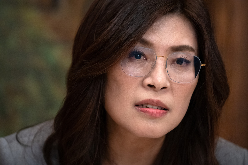 Cheng Li-wun, the chairperson of Taiwan's main opposition Nationalist Party, or Kuomintang (KMT), speaks with reporters during a news conference on Friday, June 12, 2026, in Washington. (AP Photo/Mark Schiefelbein)