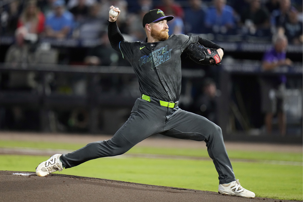 Tampa Bay Rays' Drew Rasmussen pitches to the Boston Red Sox during the first inning of a baseball game Friday, Sept. 19, 2025, in Tampa, Fla. (AP Photo/Chris O'Meara)