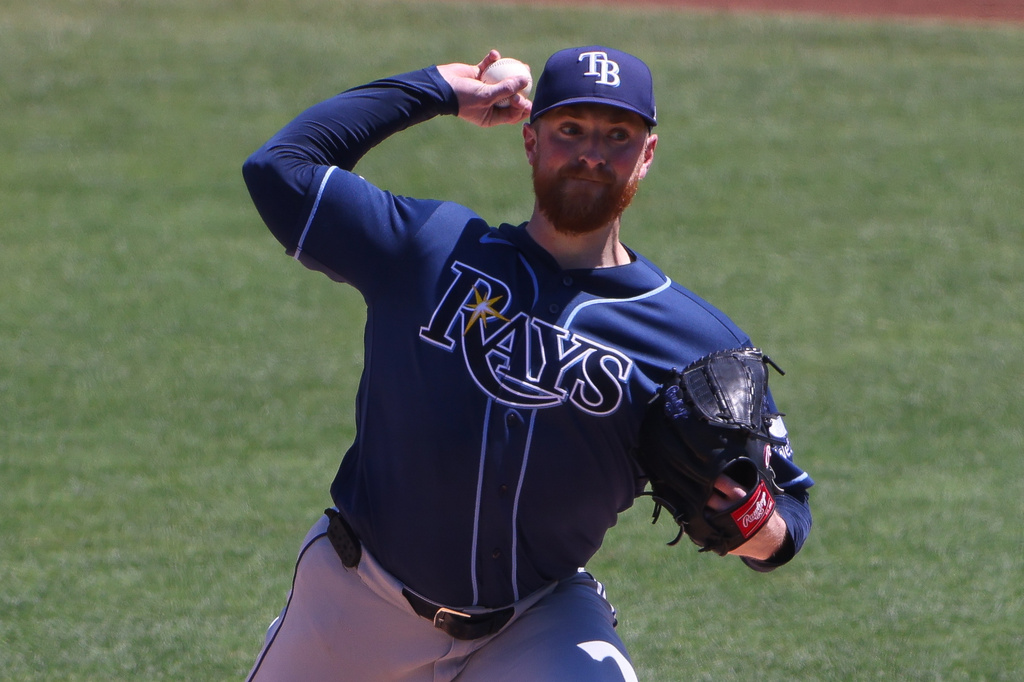Tampa Bay Rays pitcher Drew Rasmussen throws to an Athletics batter during the first inning of a baseball game Wednesday, Aug. 12, 2026, in West Sacramento, Calif. (AP Photo/Scott Marshall)