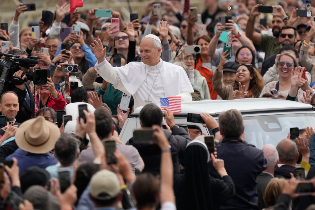 Pope Leo XIV arrives as he holds his weekly general audience in St. Peter's Square, at the Vatican, Wednesday, May 6, 2026. (AP Photo/Gregorio Borgia)