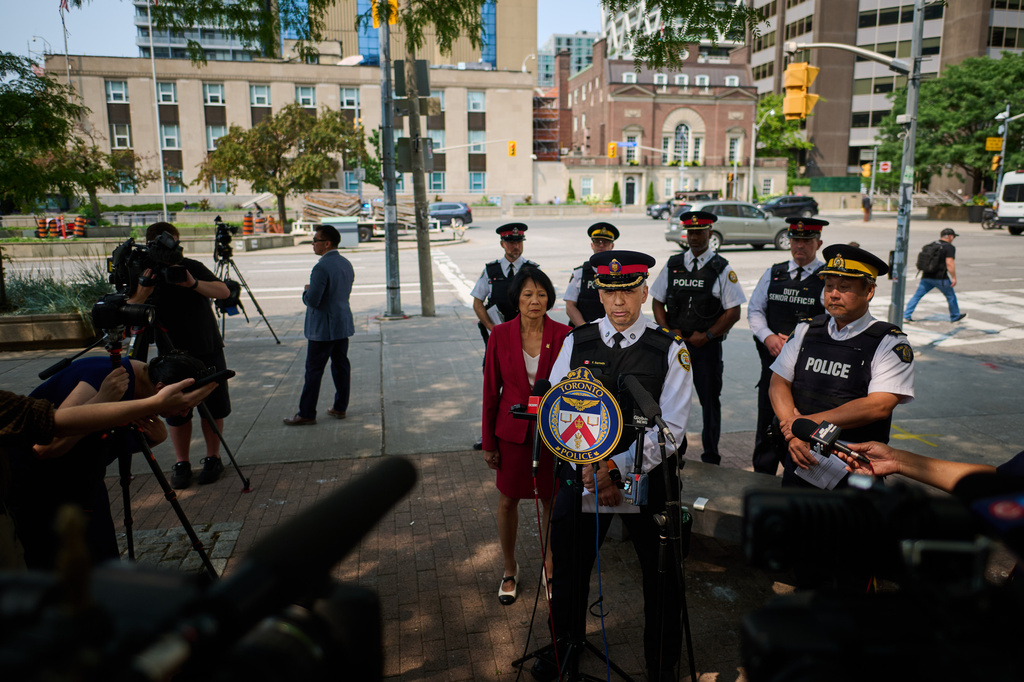 Toronto Police Deputy Chief Frank Barredo speaks to media after a shot was fired at the U.S. Consulate in Toronto, on Monday, July 27, 2026. (Sammy Kogan/The Canadian Press via AP)