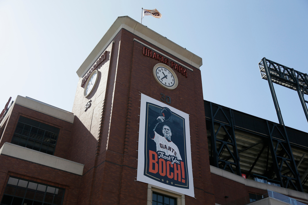 FILE = A banner thanking San Francisco Giants manager Bruce Bochy hangs outside Oracle Park before a baseball game against the Pittsburgh Pirates Sept. 12, 2019, in San Francisco. (AP Photo/Eric Risberg, File)