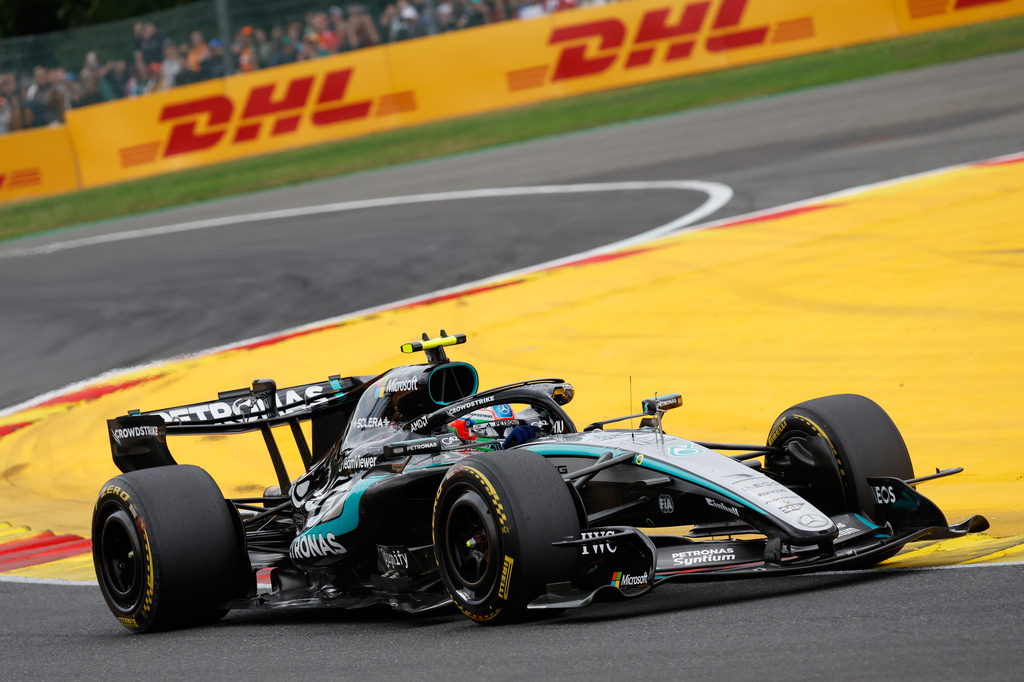 Mercedes driver Andrea Kimi Antonelli of Italy steers his car during the Formula One Grand Prix at the Spa-Francorchamps racetrack in Spa, Belgium, Sunday, July 19, 2026. (AP Photo/Geert Vanden Wijngaert)