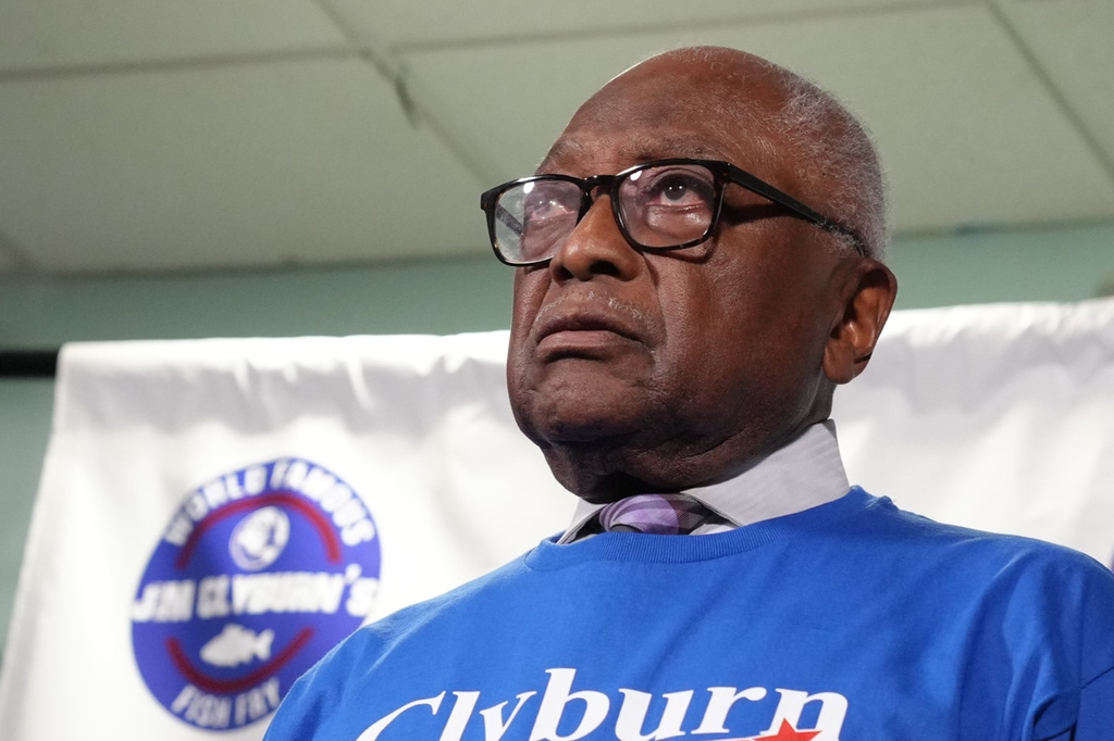U.S. Rep. Jim Clyburn, D-S.C., speaks to reporters ahead of remarks at his "World Famous Fish Fry" event on Friday, May 29, 2026, in Columbia S.C. (AP Photo/Meg Kinnard)