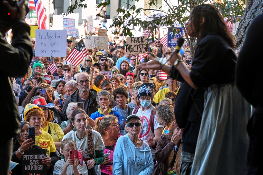 EDS NOTE: OBSCENITY - U.S. Rep. Summer Lee, D-Pa., right, speaks during a "No Kings" protest on the steps of the City-County Building in downtown Pittsburgh, on Saturday, Oct. 18, 2025. (AP Photo/Gene J. Puskar)