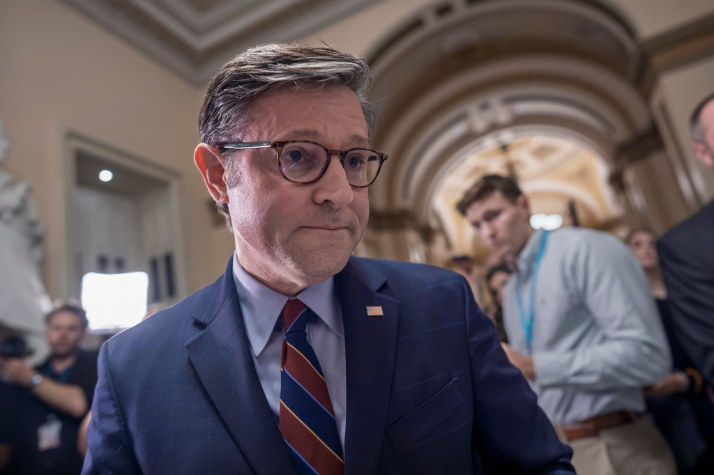 Speaker of the House Mike Johnson, R-La., leaves without taking any questions from reporters after finishing a series of votes on President Donald Trump's priorities, at the Capitol in Washington, Wednesday, July 22, 2026. (AP Photo/J. Scott Applewhite)
