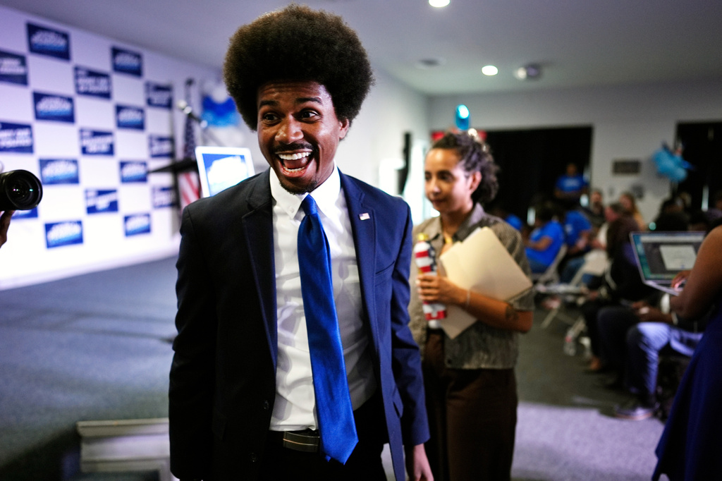 Democratic congressional candidate State Rep. Justin J. Pearson, D-Memphis, smiles upon arriving to a primary election night party, Thursday, Aug. 6, 2026, in Memphis, Tenn. (AP Photo/George Walker IV) CORRECTION: Corrects month date and year.