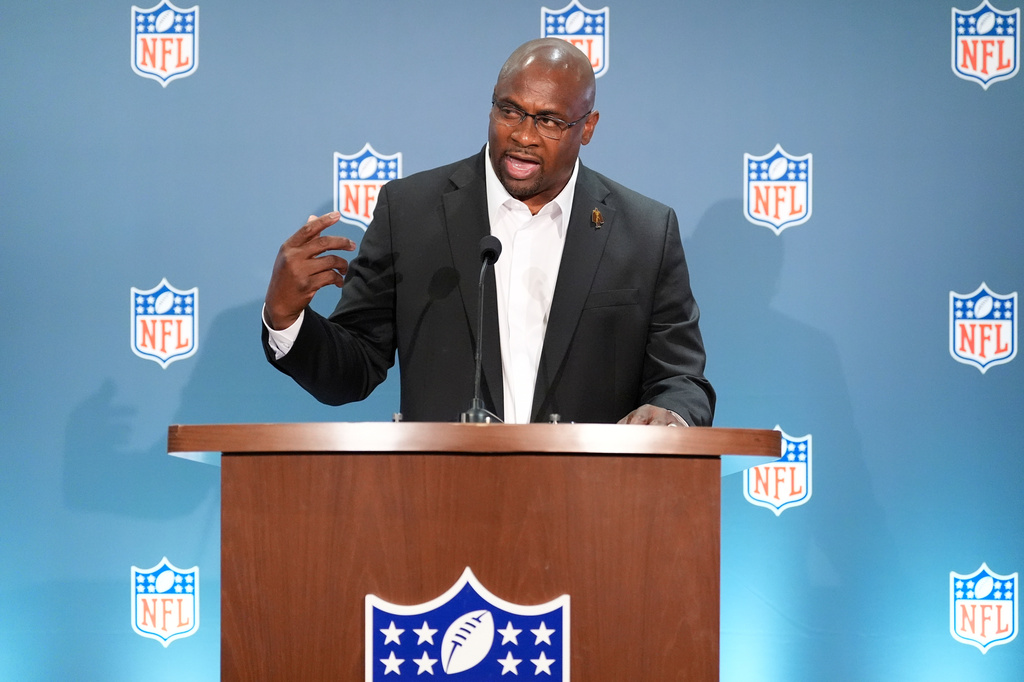 Troy Vincent speaks during a news conference at an NFL football owners meeting on Wednesday, Aug. 26, 2026, in Atlanta. (AP Photo/Brynn Anderson)