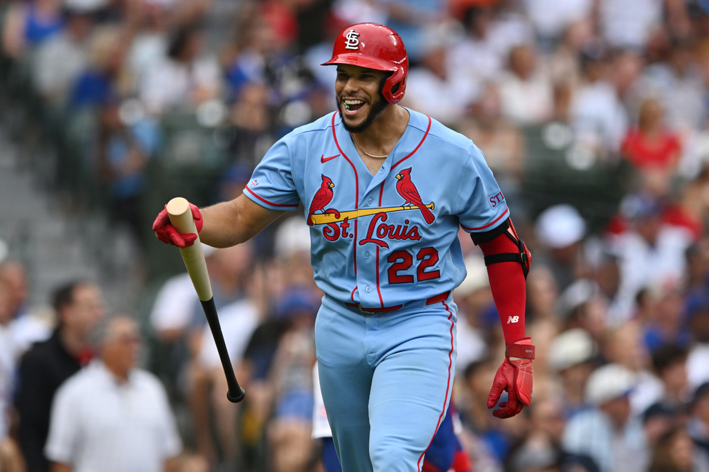 St. Louis Cardinals' Joshua Baez celebrates after hitting a three-run home run during the first inning of a baseball game against the Chicago Cubs in Chicago, Saturday, Aug. 15, 2026. (AP Photo/Paul Beaty)