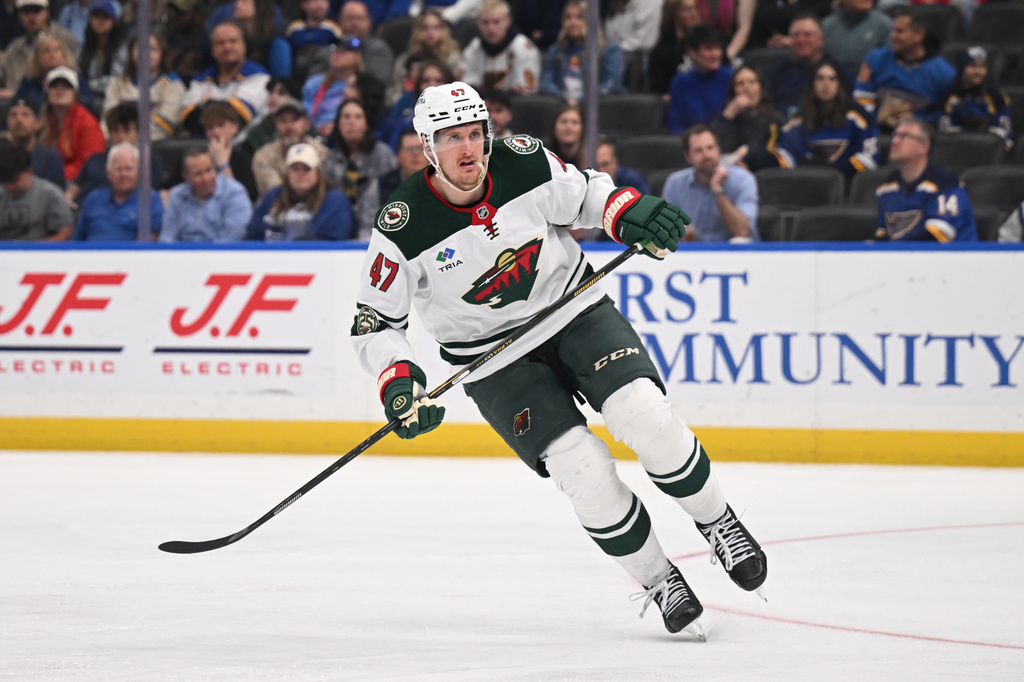 FILE - Minnesota Wild's Michael McCarron skates during the third period of an NHL hockey game against the St. Louis Blues, April 13, 2026, in St. Louis. (AP Photo/Connor Hamilton, File)