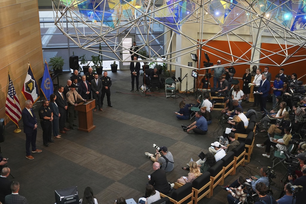 Utah County Sheriff Mike Smith speaks at a news conference, Friday, Sept. 12, 2025, in Orem, Utah. (AP Photo/Lindsey Wasson)