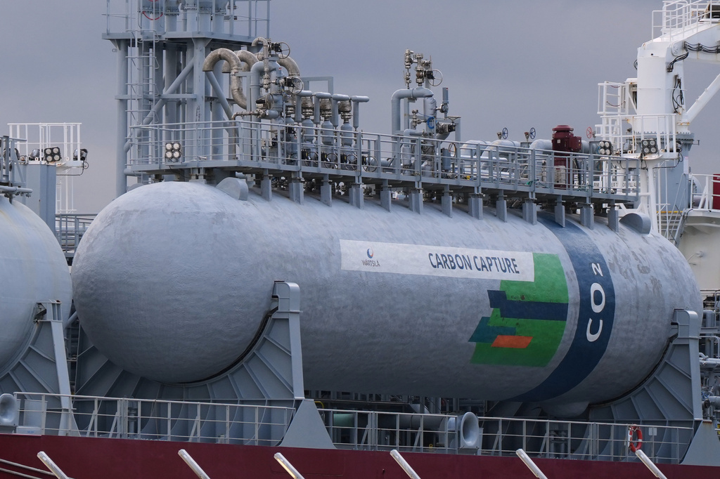 LPG tanker Clipper Eris, which uses onboard carbon capture technologies, is docked at the Port of Antwerp in Zwijndrecht, Belgium, Tuesday, Oct. 21, 2025. (AP Photo/Virginia Mayo)